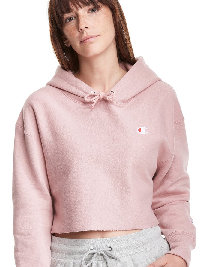 Champion Reverse Weave Cropped Cut-Off C Logo Kadın Kapşonlu Sweatshirt Bej Rengi ( BYVMAO964 )